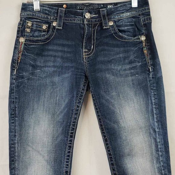 Miss Me Womens Easy Skinny Jeans Blue Cuffed Embroidered Dark Wash Mid-Rise 25 - Picture 7 of 15